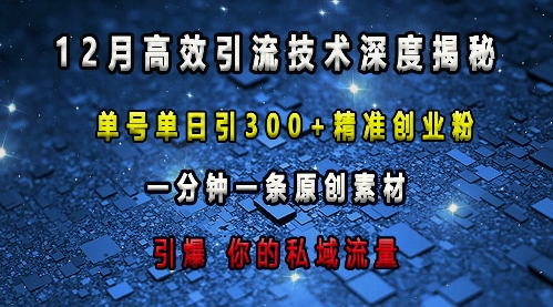 最新高效引流技术深度揭秘 ，单号单日引300+精准创业粉，一分钟一条原创素材，引爆你的私域流量